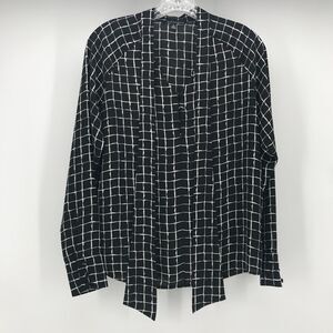 Eva Longoria Top Womens Small Black White Windowpane Long Sleeve V Neck Tie